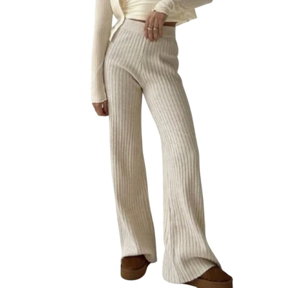 Beige Botany Cream Ribbed Casual Knit Wide Pants Womens Medium